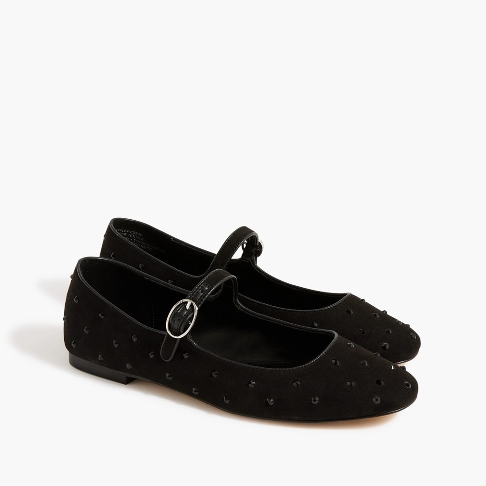 J Crew Black Velvet/Faux Suede Mary Jane Flats with Black Rhinestone Detail